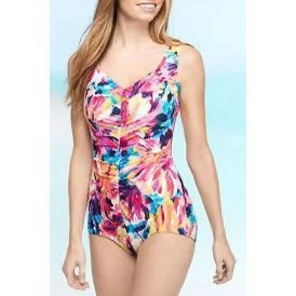 Maxine Of Hollywood Sz 14 Shirred One Piece Swimsuit Sunburst Colorful Tropical